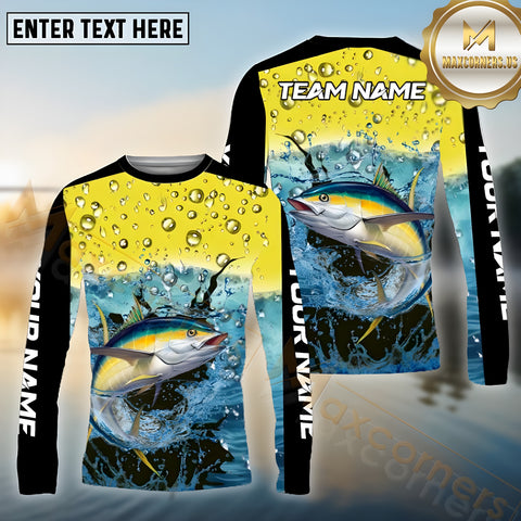 Maxcorners Tuna Fishing Aqua Surge Pattern Sport Jersey Personalized Name, Team Name Long Sleeve Shirt