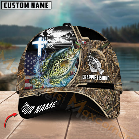 Maxcorners Crappie Fishing Flag Of US Camouflage Pattern Multicolor Personalized Name 3D Cap