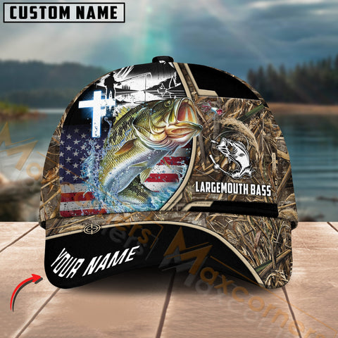 Maxcorners Largemouth Bass Fishing Flag Of US Camouflage Pattern Multicolor Personalized Name 3D Cap