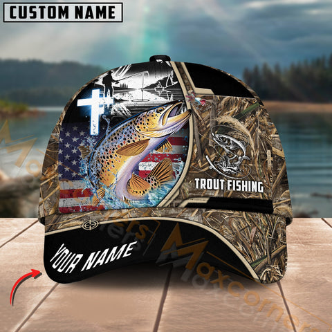 Maxcorners Trout Fishing Flag Of US Camouflage Pattern Multicolor Personalized Name 3D Cap