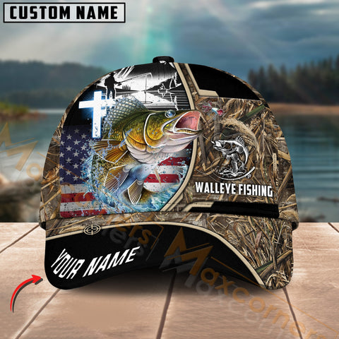 Maxcorners Walleye Fishing Flag Of US Camouflage Pattern Multicolor Personalized Name 3D Cap