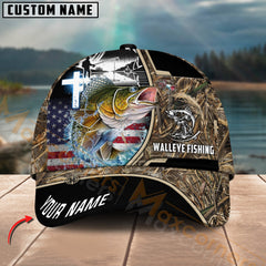 Maxcorners Walleye Fishing Flag Of US Camouflage Pattern Multicolor Personalized Name 3D Cap
