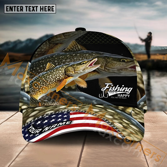 Maxcorners Pike Fishing Fishing Make Me Happy Skinfish Flag Of US Sport Pattern Personalized Name 3D Cap MT133