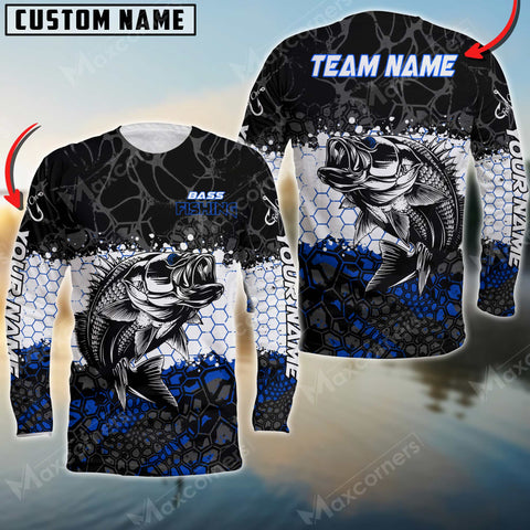 Maxcorner Bass Fishing Jersey Black&Blue Pattern Personalized 3D Long Sleeve Shirt