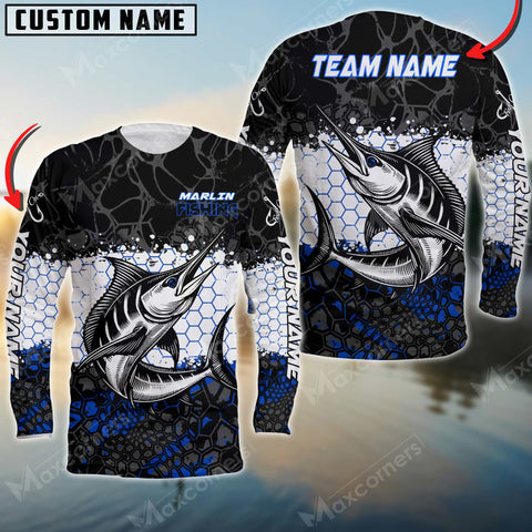 Maxcorner Marlin Fishing Jersey Black&Blue Pattern Personalized 3D Long Sleeve Shirt