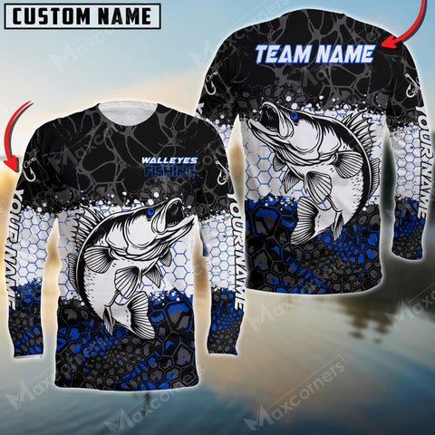 Maxcorner Walleye Fishing Jersey Black&Blue Pattern Personalized 3D Long Sleeve Shirt