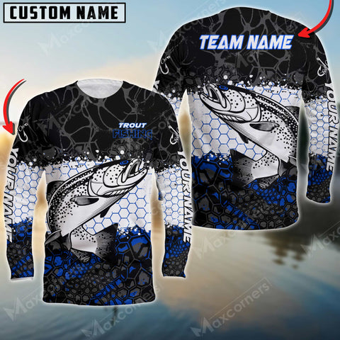 Maxcorner Trout Fishing Jersey Black&Blue Pattern Personalized 3D Long Sleeve Shirt