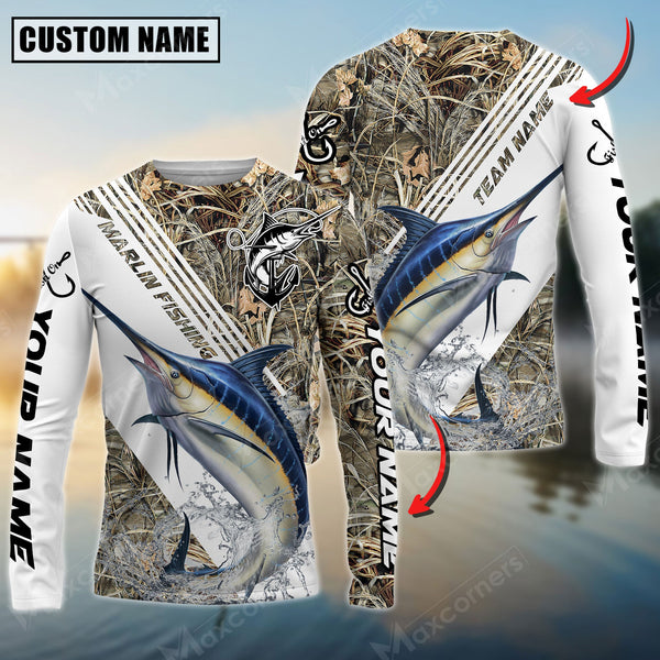 Maxcorner Marlin Fishing Camo Pattern Personalized Name And Team Name Long Sweat Shirt