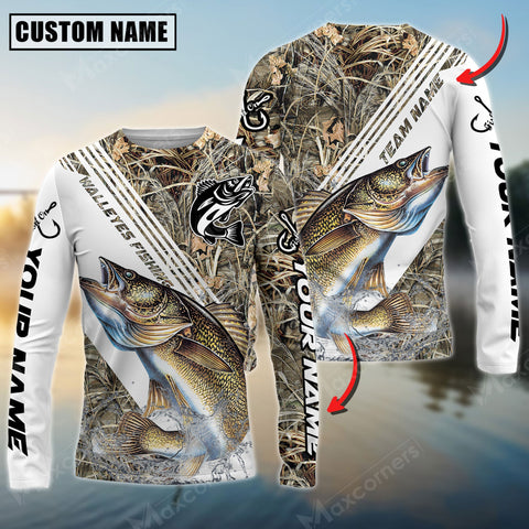 Maxcorner Walleye Fishing Camo Pattern Personalized Name And Team Name Long Sweat Shirt