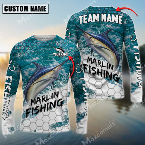 Maxcorner Marlin Fishing Sun Protection Sea Camo Pattern Personalized Name And Team Name Long Sweat Shirt