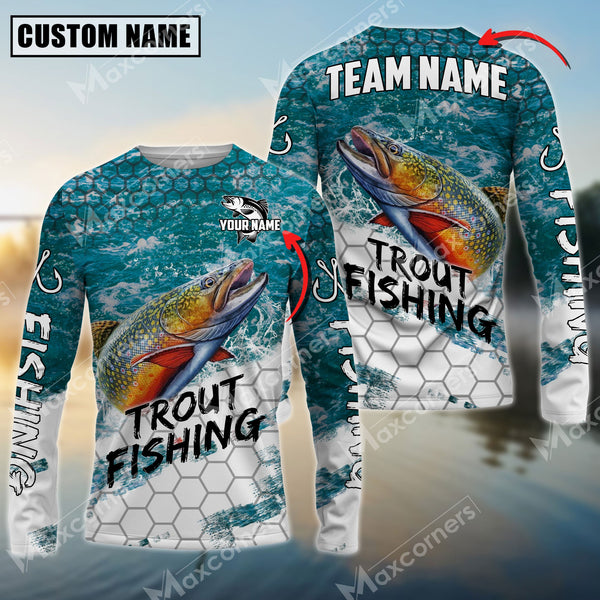 Maxcorner Trout Fishing Sun Protection Sea Camo Pattern Personalized Name And Team Name Long Sweat Shirt