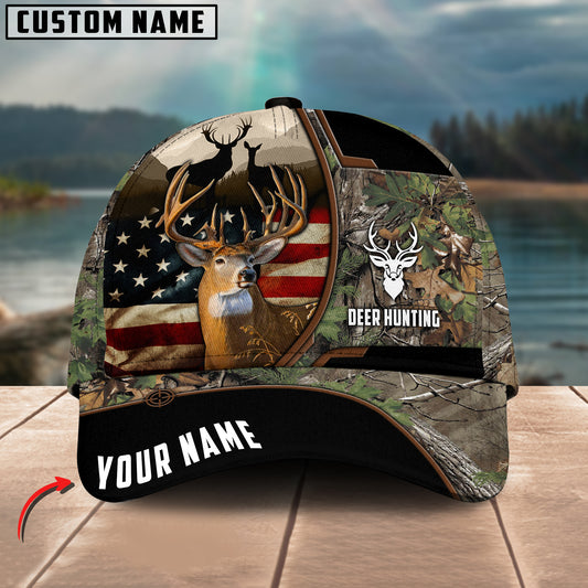 Maxcorners Deer Hunting American Flag Pattern Multicolor Personalized Name 3D Cap (4 colors)