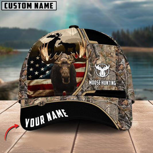 Maxcorners Moose Hunting American Flag Pattern Multicolor Personalized Name 3D Cap (4 colors)