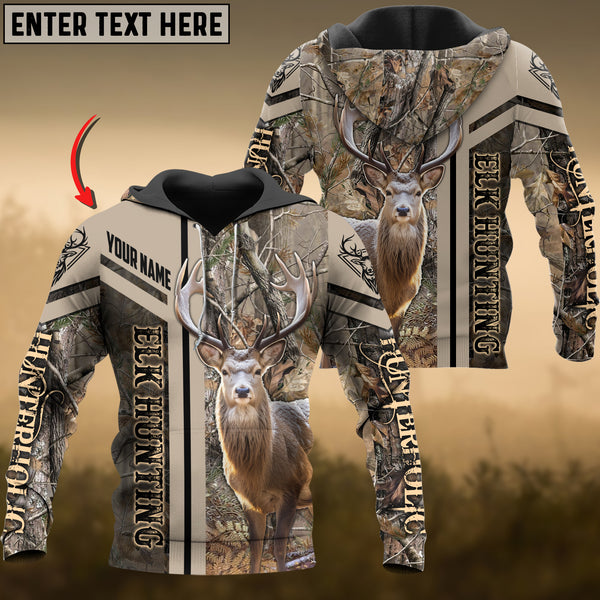 Maxcorners Elk Hunting Grass Brown Camo Leather Pattern Custom Name Shirt 3D All Over Printed Clothes