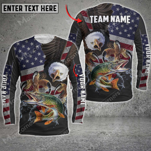 Maxcorner Pike Fishing Eagle US Flag Personalized 3D Long Sleeve Shirt