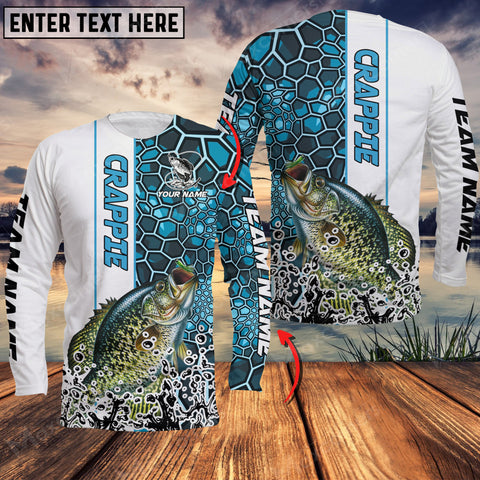 Maxcorner Crappie Fishing Blue Camo Pattern Personalized Name And Team Name Long Sleeve Shirt