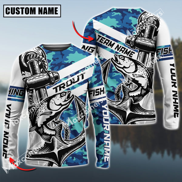 Maxcorner Trout Fishing Jersey Sun Protection Sea Camo Pattern Personalized Name And Team Name Long Sweat Shirt