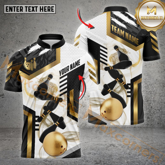 Maxcorners Bowling & Pins Premium Pattern Multicolor Option Customized Name, Team Name 3D Polo Shirt (4 Colors)