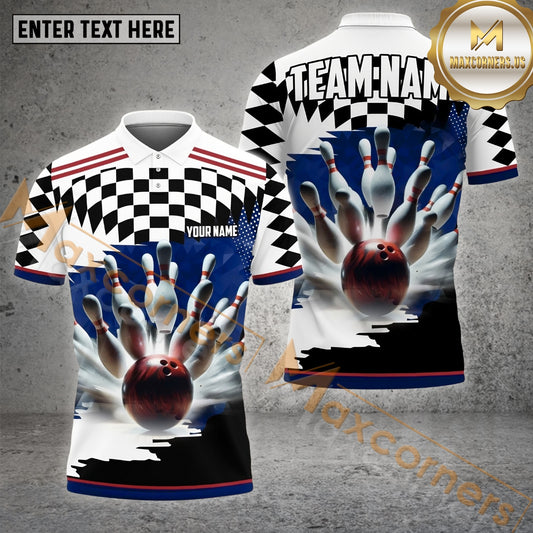 Maxcorners Bowling & Pins Caro Pattern  Multicolor Option Customized Name, Team Name 3D Polo Shirt (4 Colors)