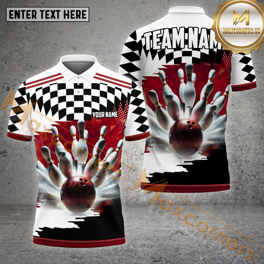Maxcorners Bowling & Pins Caro Pattern  Multicolor Option Customized Name, Team Name 3D Polo Shirt (4 Colors)