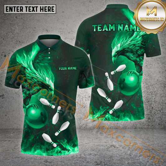 Maxcorners Bowling & Pins Fire Phonenix Pattern  Multicolor Option Customized Name, Team Name 3D Polo Shirt (4 Colors)