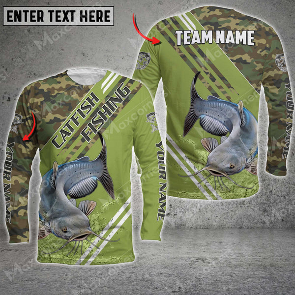 Maxcorner Catfish Fishing Green Camo Personalized 3D Long Sleeve Shirt