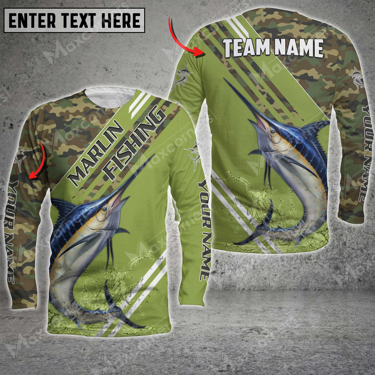 Maxcorner Marlin Fishing Green Camo Personalized 3D Long Sleeve Shirt