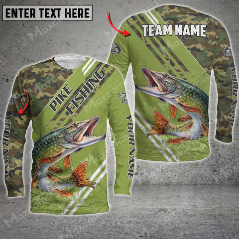 Maxcorner Pike Fishing Green Camo Personalized 3D Long Sleeve Shirt