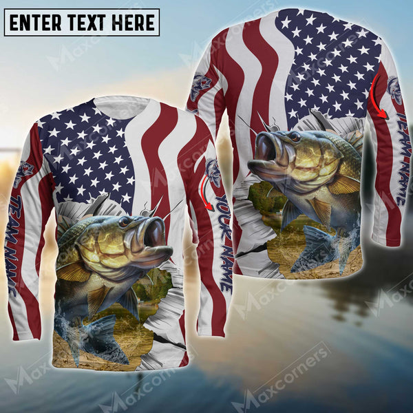 Maxcorner Large Mouth Bass Fishing Flag US Pattern Personalized 3D Long Sleeve Shirt