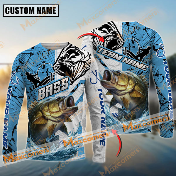 Maxcorners Bass Fishing Blue and White Pro Sport Jersey Pattern Sun Protection Personalized Name Team Name 3D Shirts