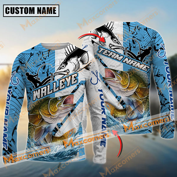 Maxcorners Walleye Fishing Blue and White Pro Sport Jersey Pattern Sun Protection Personalized Name Team Name 3D Shirts