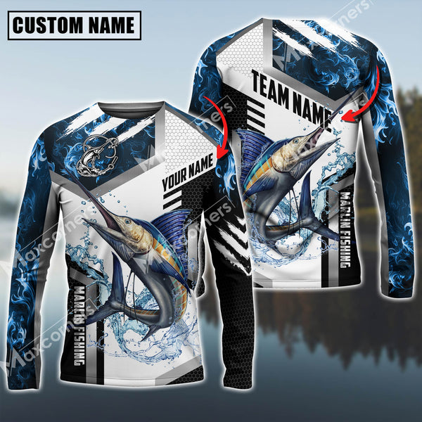 Maxcorners Marlin Fishing Blue Flame Sport Jersey Personalized Name, Team Name Long Sleeve Shirt