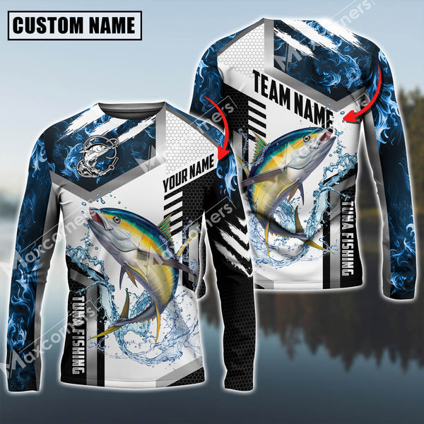 Maxcorners Tuna Fishing Blue Flame Sport Jersey Personalized Name, Team Name Long Sleeve Shirt