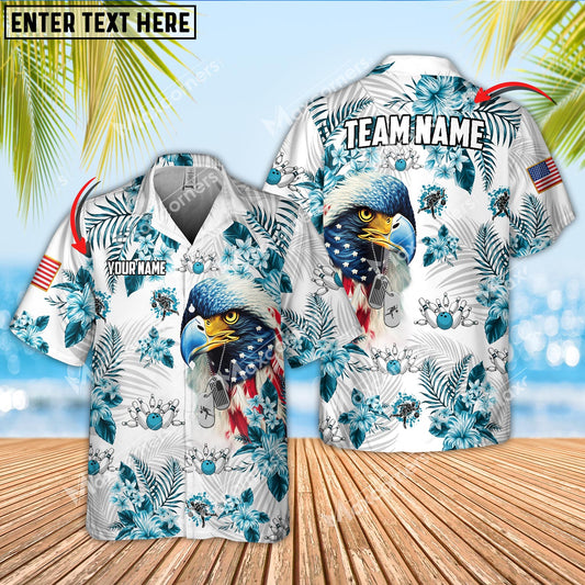 Maxcorners Bowling And Pins Eagle USA Flag Pattern Multicolor Options Customized Name Hawaiian Shirt (4 Colors)