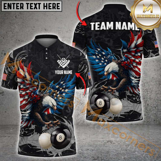 Maxcorners Billiard Ball 8 Eagle USA Flag Multicolor Option Customized Name, Team Name 3D Polo Shirt (4 Colors)