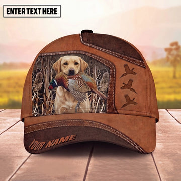 Maxcorners Hunting Dog Bird Hunting Pheasant In Mouth Leather Patch Reeds Personalized Name 3D Cap