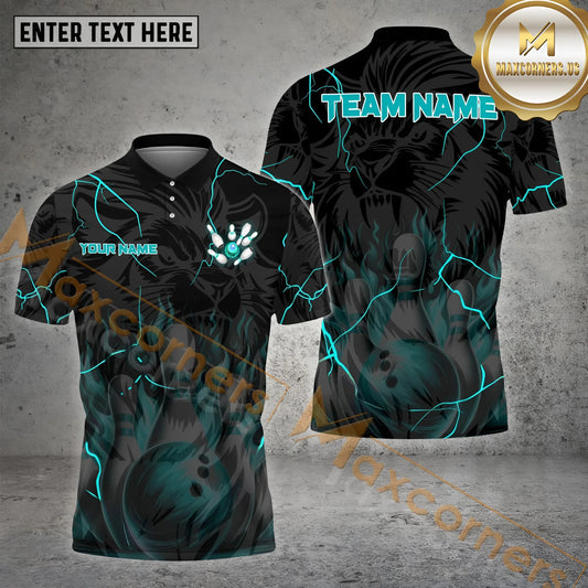 Maxcorners Lion Bowling Ball & Pins Thunder Pattern With Fire Bowling Ball Pattern Personalized Name, Team Name 3D Polo Shirt (4 Colors)