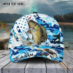 Maxcorners Crappie Fishing Blue White Seawwave American Flag Pattern Sport Pattern Personalized Name 3D Cap MT173