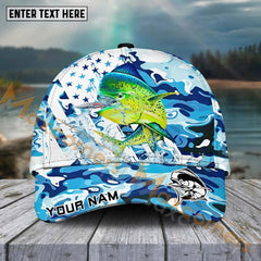 Maxcorners Mahi-Mahi Fishing Blue White Seawwave American Flag Pattern Sport Pattern Personalized Name 3D Cap MT173