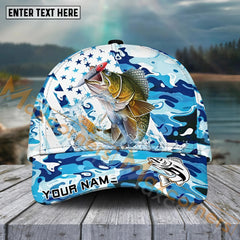 Maxcorners Walleye Fishing Blue White Seawwave American Flag Pattern Sport Pattern Personalized Name 3D Cap MT173