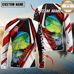 Maxcorners Mahi-Mahi Fishing White Red Edge Personalized Name, Team Name Long Sleeve Shirt