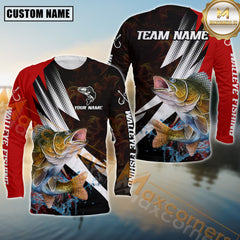 Maxcorners Walleye Fishing Red Flame Splash Pattern Sport Jersey Personalized Name, Team Name Long Sleeve Shirt