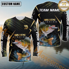Maxcorners Walleye Fishing Golden With Skinfish Pattern Sport Jersey Personalized Name, Team Name Long Sleeve Shirt