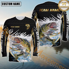 Maxcorners Bass Fishing Golden With White And Black Pattern Sport Jersey Personalized Name, Team Name Long Sleeve Shirt