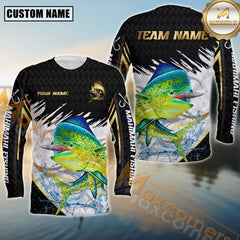 Maxcorners Mahi-Mahi Fishing Golden With White And Black Pattern Sport Jersey Personalized Name, Team Name Long Sleeve Shirt