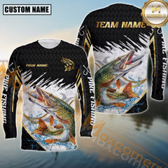 Maxcorners Pike Fishing Golden With White And Black Pattern Sport Jersey Personalized Name, Team Name Long Sleeve Shirt