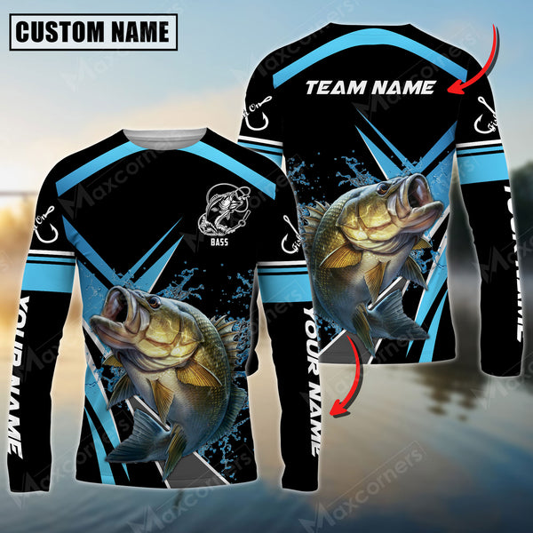 Maxcorner Bass Fishing Sun Protection Jersey Blue Pattern Personalized Name And Team Name Long Sweat Shirt