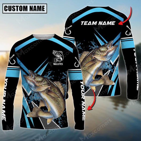 Maxcorner Walleye Fishing Sun Protection Jersey Blue Pattern Personalized Name And Team Name Long Sweat Shirt