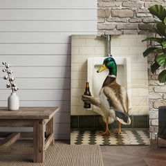 Maxcorners Funny Duck Holding Beer Bathroom Humor Rustic Art Wrapped Canvas