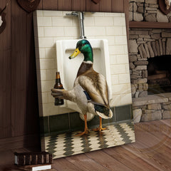 Maxcorners Funny Duck Holding Beer Bathroom Humor Rustic Art Wrapped Canvas